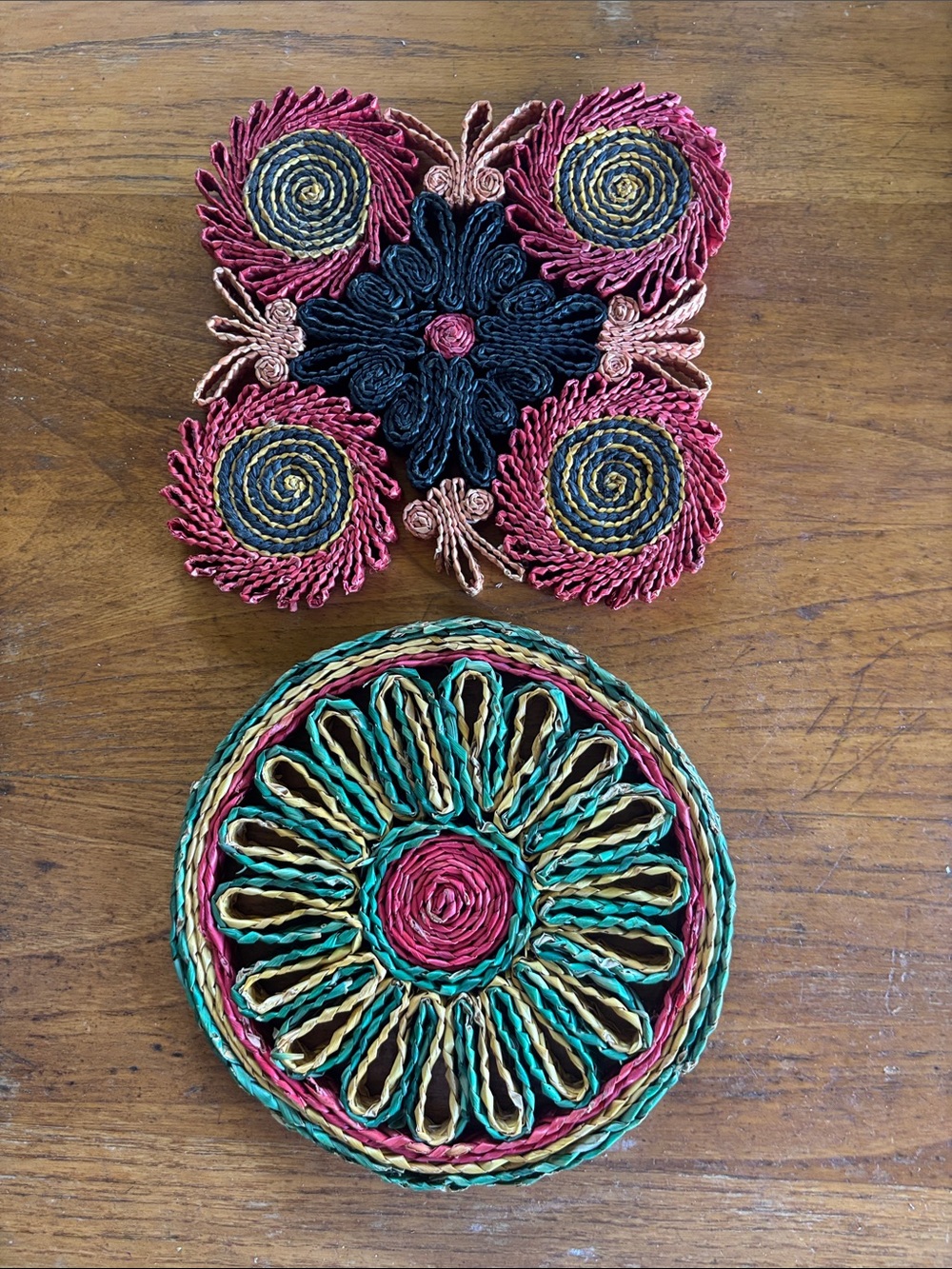 Vintage lot of 2 rattan round/square colorful woven trivets